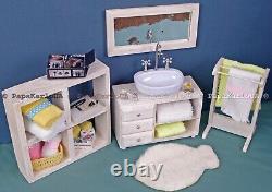 Bathroom set, Ceramic washbasin with cabinet, Towel dryer, mirror, dollhouse