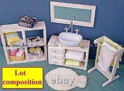 Bathroom set, Ceramic washbasin with cabinet, Towel dryer, mirror, dollhouse