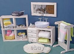 Bathroom set, Ceramic washbasin with cabinet, Towel dryer, mirror, dollhouse