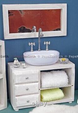 Bathroom set, Ceramic washbasin with cabinet, Towel dryer, mirror, dollhouse