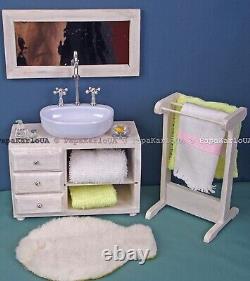 Bathroom set, Ceramic washbasin with cabinet, Towel dryer, mirror, dollhouse