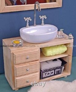 Bathroom set, Ceramic washbasin with cabinet, Towel dryer, mirror, dollhouse