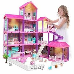 Beefunni Doll House Dream House with Furniture Dollhouse Kit with 2 Dolls, Slide