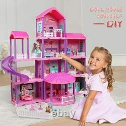 Beefunni Doll House Dream House with Furniture Dollhouse Kit with 2 Dolls, Slide