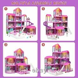 Beefunni Doll House Dream House with Furniture Dollhouse Kit with 2 Dolls, Slide