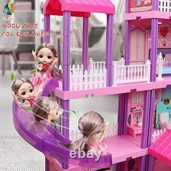 Beefunni Doll House Dream House with Furniture Dollhouse Kit with 2 Dolls, Slide