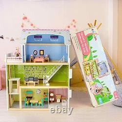 Canuan Dollhouse with Furniture for Kids Wooden Pretend Play Doll House Kit