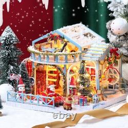 Christmas Snowy Night Dollhouse DIY LED Model withDust Cover 3D Wooden Music Toy