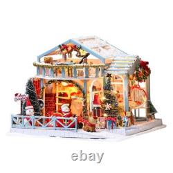 Christmas Snowy Night Dollhouse DIY LED Model withDust Cover 3D Wooden Music Toy