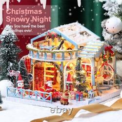 Christmas Snowy Night Dollhouse DIY LED Model withDust Cover 3D Wooden Music Toy