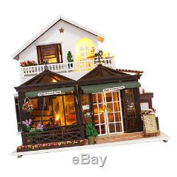 DIY Dolls House Kit Wooden Miniature Furniture LED Lights Coffee House