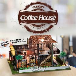 DIY LED Coffee Shop Dollhouse Miniature Wooden Furniture Kit House XMAS Gifts