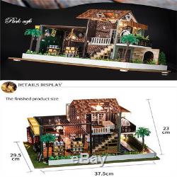DIY LED Coffee Shop Dollhouse Miniature Wooden Furniture Kit House XMAS Gifts