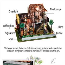 DIY LED Coffee Shop Dollhouse Miniature Wooden Furniture Kit House XMAS Gifts