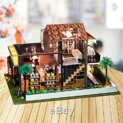 DIY LED Coffee Shop Dollhouse Miniature Wooden Furniture Kit House XMAS Gifts