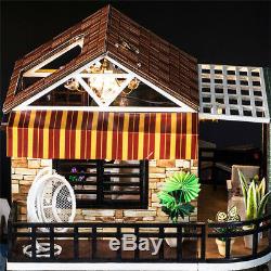 DIY LED Coffee Shop Dollhouse Miniature Wooden Furniture Kit House XMAS Gifts