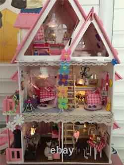DIY Large Wooden House Kids Doll Kit Play Dollhouse Miniatures Furniture Collect