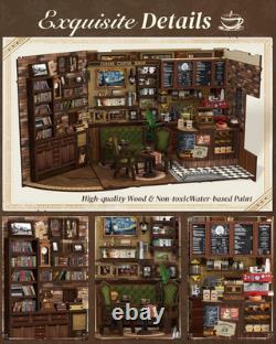 DIY Miniature Book Nook Kit Cafe Dollhouse LED Wooden Bookshelf for Adults
