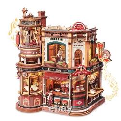 DIY Miniature Coffee Factory Kit 3D Wooden Puzzle with Music Box & LED Lights