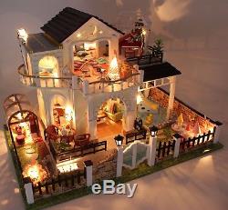 DIY Miniature Garden Wooden Dollhouse Pool Villa Furniture Kit LED Birthday Gift