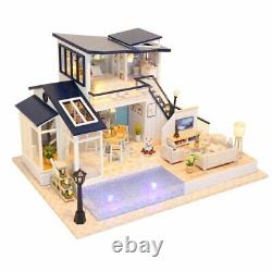 DIY Miniature Pool Doll House Wooden Furniture Led Villa Dollhouse Project Kit
