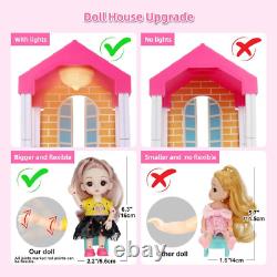 Doll House Kit, Dollhouse with Lights, Slide, Pets and Dolls, DIY Pretend Play Bu