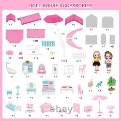 Doll House Kit, Dollhouse with Lights, Slide, Pets and Dolls, DIY Pretend Play Bu
