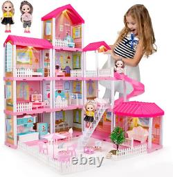 Doll House Kit, Dollhouse with Lights, Slide, Pets and Dolls, DIY Pretend Play Bu