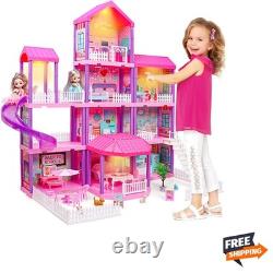 Doll House Wooden 4-Story Playset 11 Rooms Furniture Kids Gift
