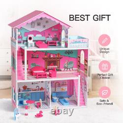Dollhouse Wooden with Furniture 4 Rooms with 18 Pcs Furniture & Accessories Gift