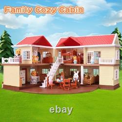 Family Cozy Cabin Doll House Playset, Dollhouse Furniture and Accessories, DIY