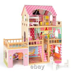 Girls Dream Wooden Pretend Play House Doll Dollhouse with 7 pcs Furniture