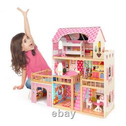 Girls Dream Wooden Pretend Play House Doll Dollhouse with 7 pcs Furniture