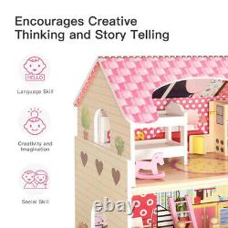 Girls Dream Wooden Pretend Play House Doll Dollhouse with 7 pcs Furniture