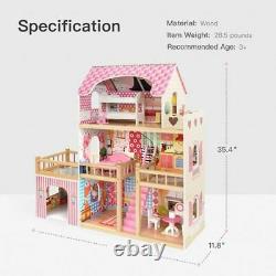 Girls Dream Wooden Pretend Play House Doll Dollhouse with 7 pcs Furniture