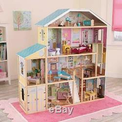 Girls Large Wooden Dollhouse Barbie Size Furniture With 34-Piece Accessory Pack