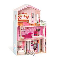 Girls Wooden Big Dollhouse Kit Pretend Play Kids Mansion with Stairs Xmas Gift US