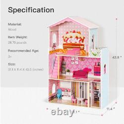 Girls Wooden Big Dollhouse Kit Pretend Play Kids Mansion with Stairs Xmas Gift US