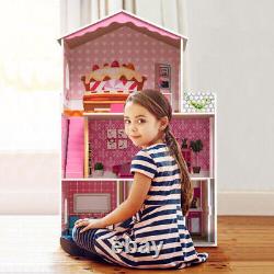 Girls Wooden Big Dollhouse Kit Pretend Play Kids Mansion with Stairs Xmas Gift US