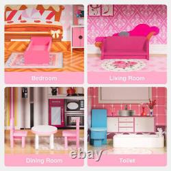 Girls Wooden Big Dollhouse Kit Pretend Play Kids Mansion with Stairs Xmas Gift US