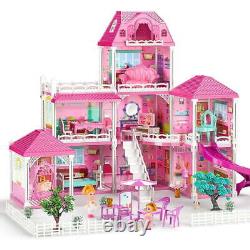 Kids Doll Houses Set for Girls, Luxurious Dreamhouse Three-Story Villa Two Dolls