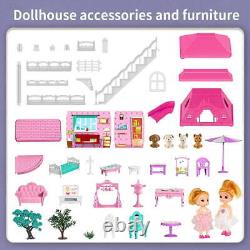 Kids Doll Houses Set for Girls, Luxurious Dreamhouse Three-Story Villa Two Dolls