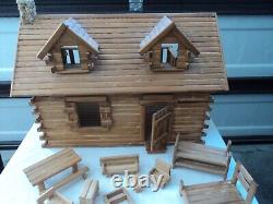 LARGE WONDERFUL VINTAGE PIONEER LOG CABIN Doll House withFURNITURE