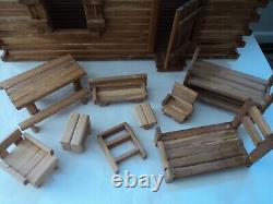 LARGE WONDERFUL VINTAGE PIONEER LOG CABIN Doll House withFURNITURE