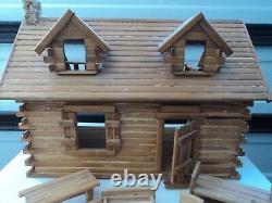 LARGE WONDERFUL VINTAGE PIONEER LOG CABIN Doll House withFURNITURE