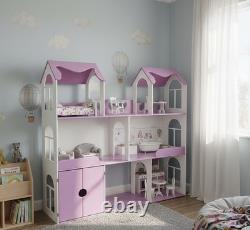 Large Pink Wooden Dollhouse, 6 Rooms, No Furniture, Cottage Style, 49