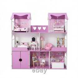 Large Pink Wooden Dollhouse, 6 Rooms, No Furniture, Cottage Style, 49