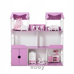 Large Pink Wooden Dollhouse, 6 Rooms, No Furniture, Cottage Style, 49