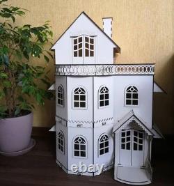 Large Wooden Dollhouse 3-Story White Handmade Barbie House