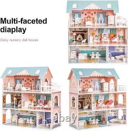 Large Wooden Foldable Dollhouse Playset Doll Kit Furniture Kid Birthday Gift